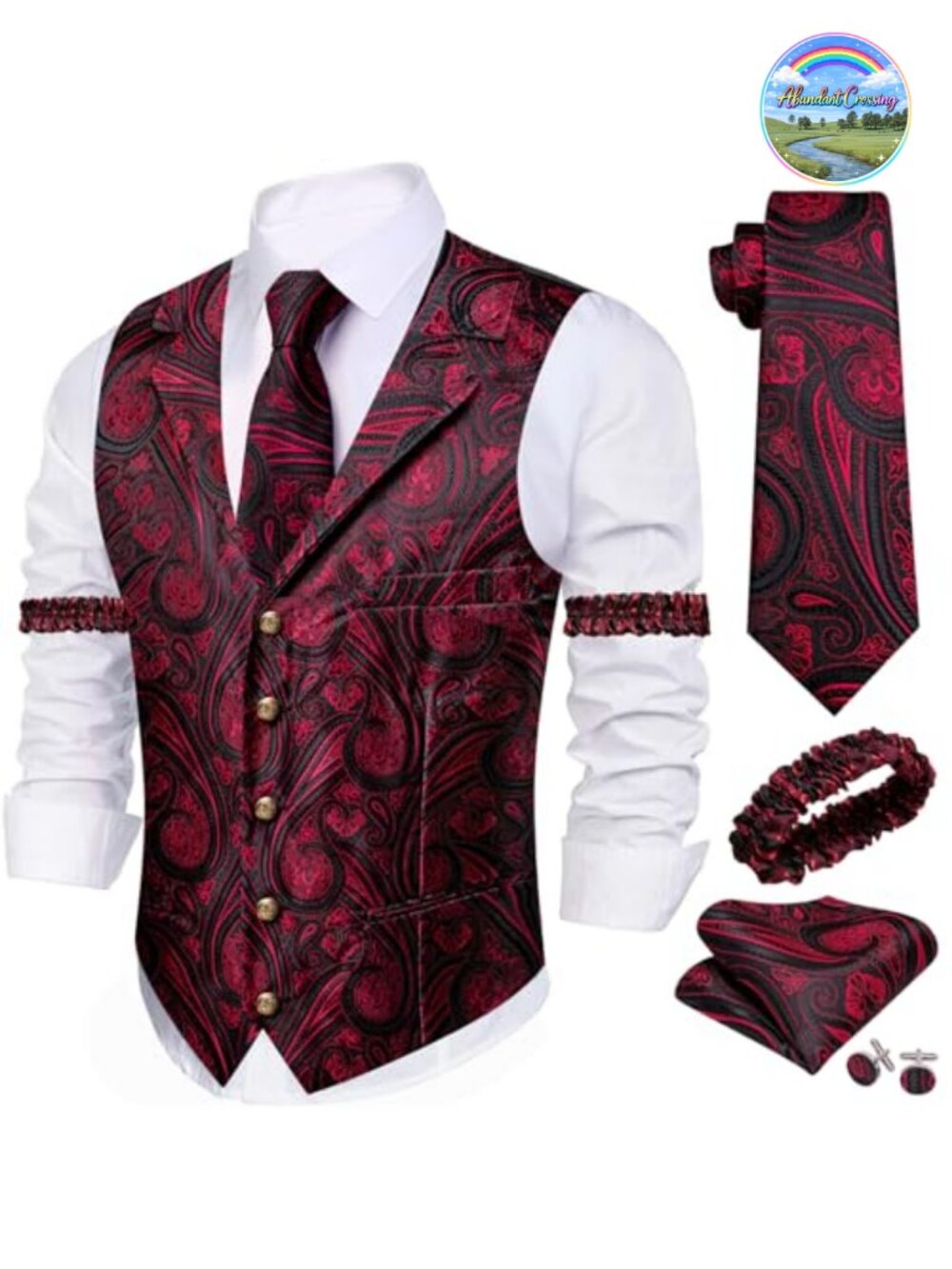 Mens Silk Paisley Floral Suit Vest Tie Pocket Square Cufflinks Set 5PCS